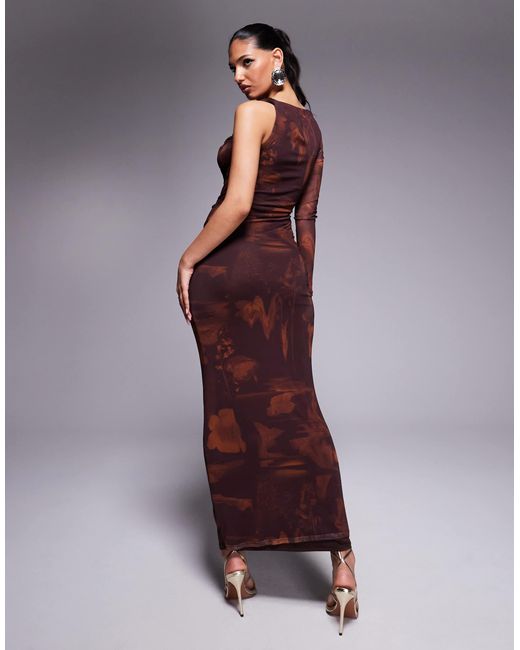 Robe mi-longue et asymétrique en tulle avec imprimé abstrait et lanière ASOS en coloris Purple