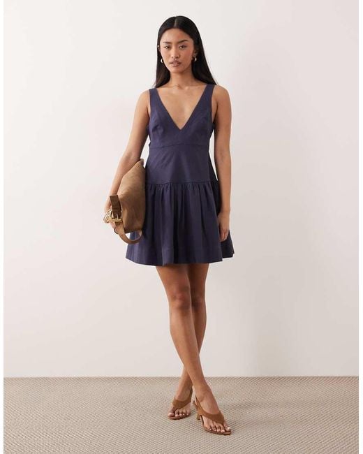 ASOS Blue V Neck Fit And Flare Mini Sundress