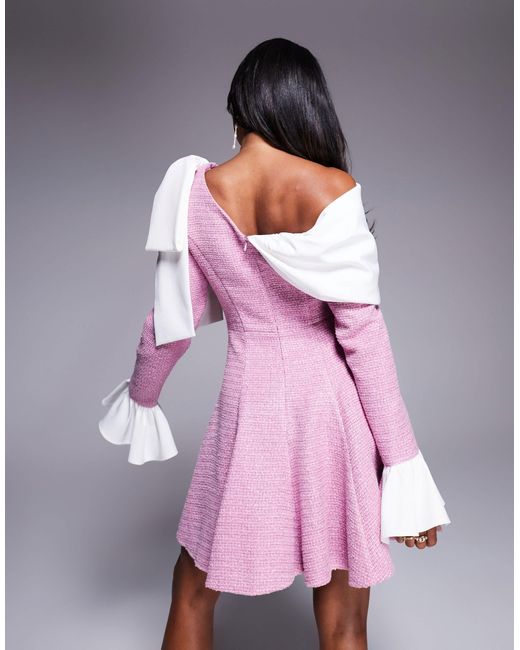 ASOS Purple Boucle And Poplin Mini Dress With Embellished Buttons