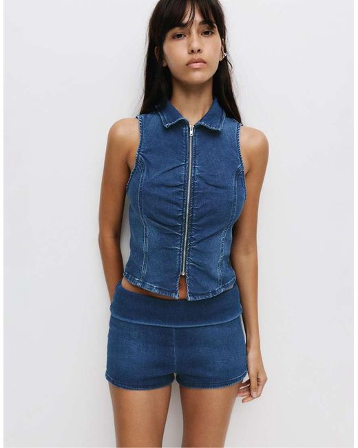 Pull&Bear Blue Zip-up Denim Top