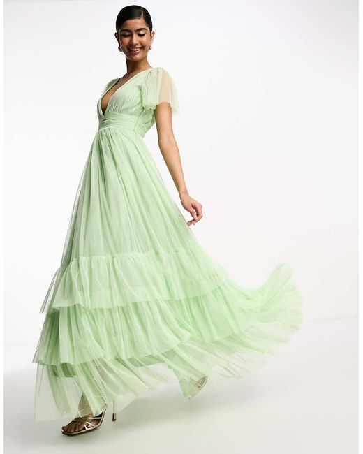 LACE & BEADS Green Bridesmaid Madison V Neck Tulle Maxi Dress