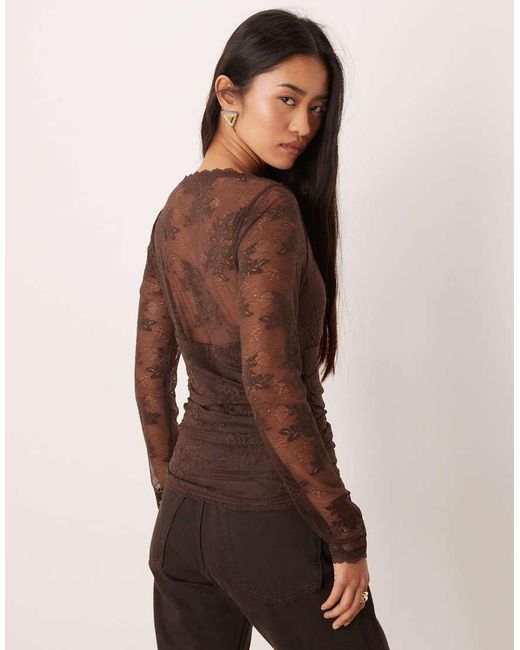 Abercrombie & Fitch Brown Sweetheart Neckline Lace Long Sleeve Top
