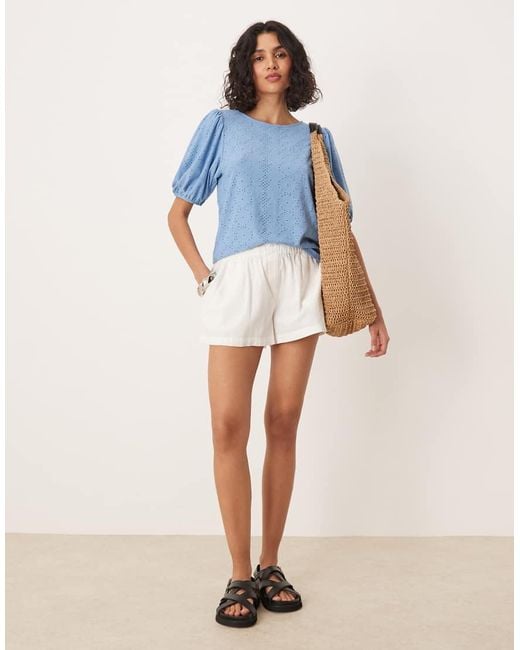 Vila Blue Broderie T-shirt With Puff Sleeve Detail