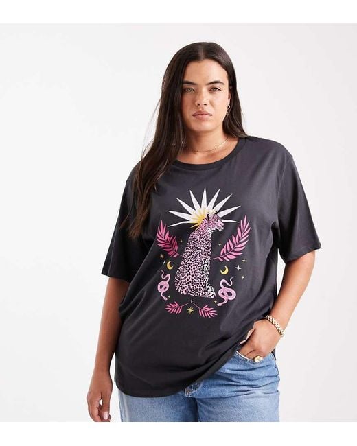 T-Shirt Oversize Antracite Con Grafica Con Leopardo di ONLY in Black
