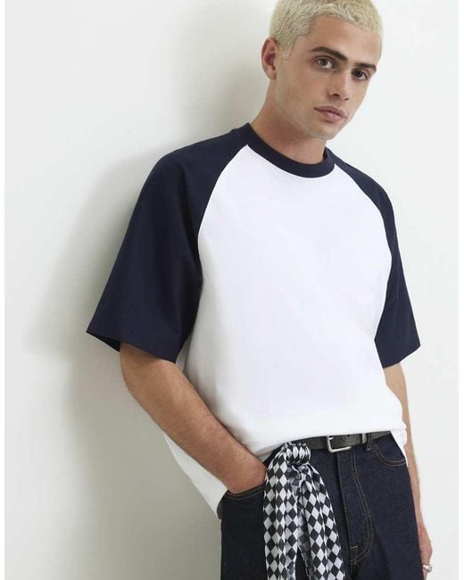 River Island Blue Oversized Fit Raglan Sleeve T-Shirt for men