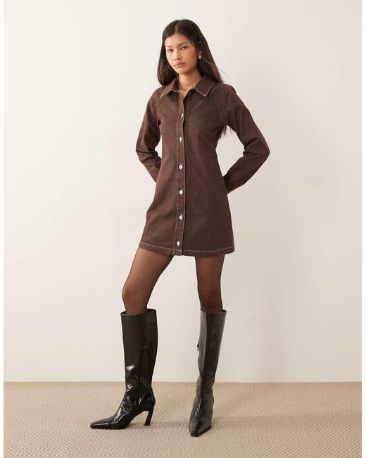 ASOS Natural Fitted Denim Shirt Dress With Long Sleeve
