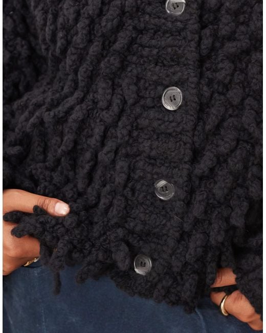 ARRANGE Black Curve Wool Hand Knit Ultimate Loop Fringe Cardigan