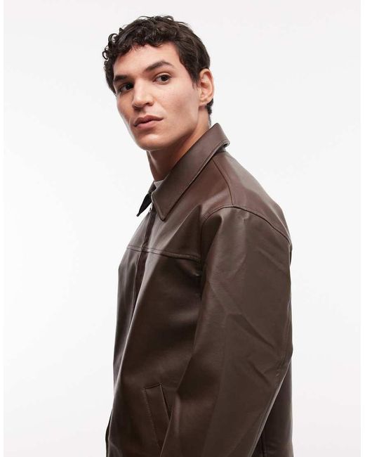 ASOS Brown Faux Leather Harrington Jacket for men