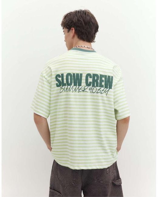 Pull&Bear Green Stwd Boxy Striped T-shirt for men