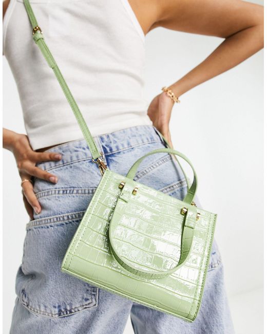 ASOS Green Mini Croc Tote Bag With Top Handle And Detachable Crossbody Strap