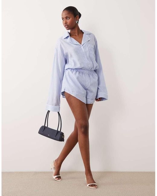 Noughts & Kisses Blue Button Up Wide Sleeve Shirt And Shorts Playsuit
