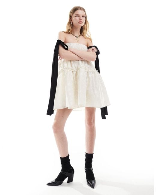 Sister Jane White Dream Contrast Bow Sleeve Jacquard Mini Dress