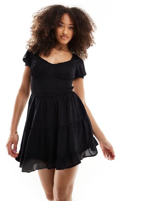Hollister Black Smocked Waist Mini Dress With Pockets And Hidden Shorts