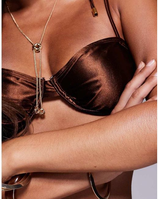 SIMMI Brown Rayos Satin Ruched Bikini Top