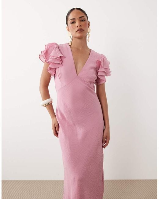 Nobody's Child Petite Pink Layla V-neck Ruffle Sleeve Midi Dress