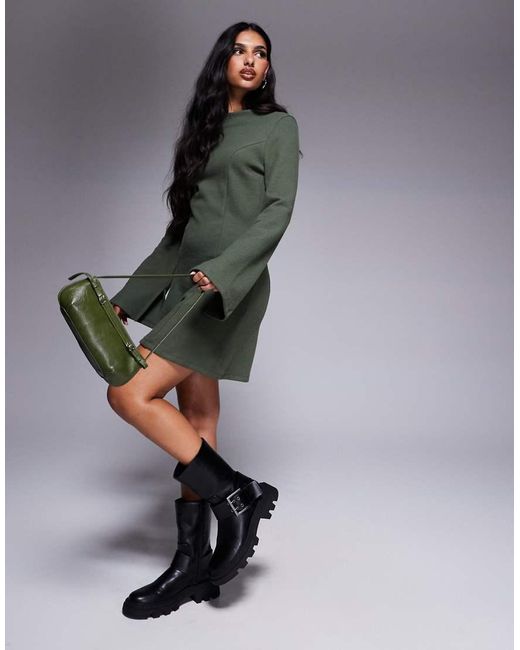 Vestito Corto Morbidissimo Kaki Con Scollo Alto, Corpino Aderente E Gonna Svasata di ASOS in Green