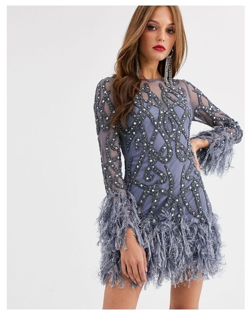 ASOS Crystal Embellished Mini Dress With Faux Feather Hem-blue