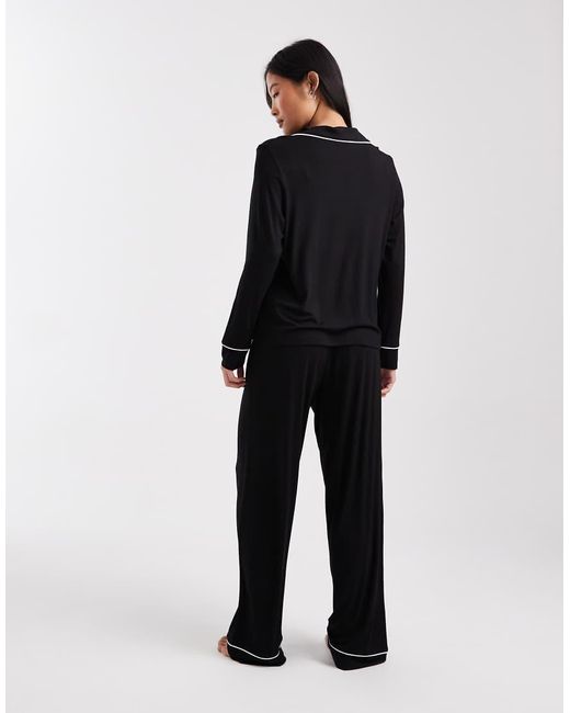 ASOS Black Asos Design Petite Super Soft Long Sleeve Shirt & Pants Pyjama Set With Contrast Piping
