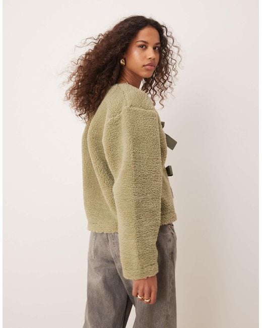 ASOS Natural Borg Jacket With Bow Tie Details