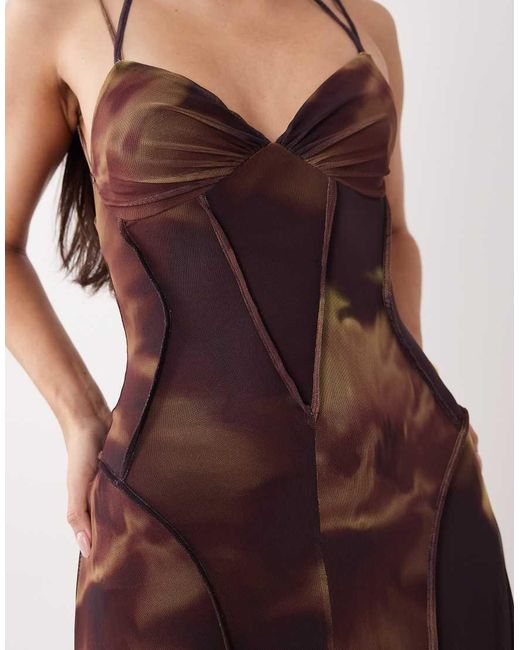 ASOS Brown Printed Mesh Maxi Dress With Exposed Seam Detail