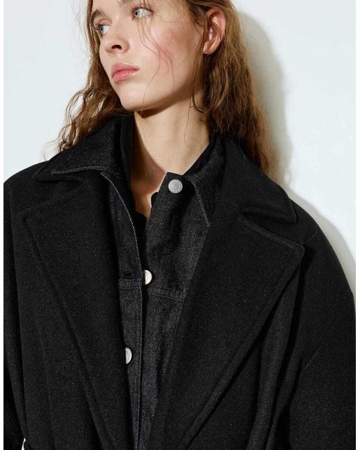 Pull&Bear Black Long Belted Coat