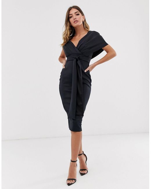 ASOS Synthetic Fallen Shoulder Midi Pencil Dress With Tie Detail in Yellow (Black) - Lyst