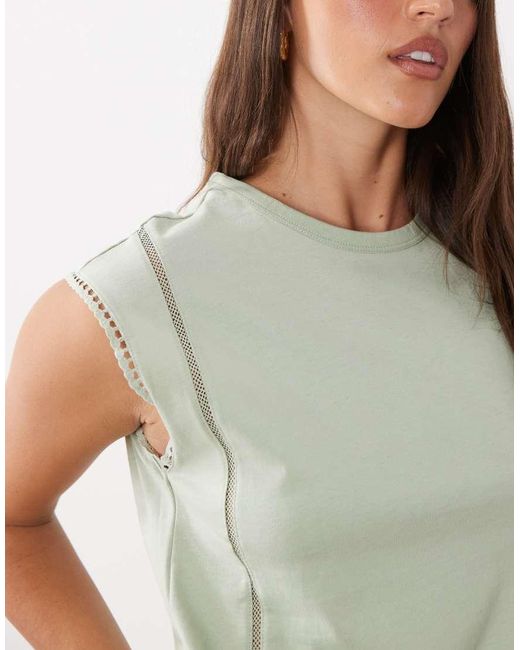 Mango Green Cap Sleeve Round Neck Embroidered Detail T-shirt