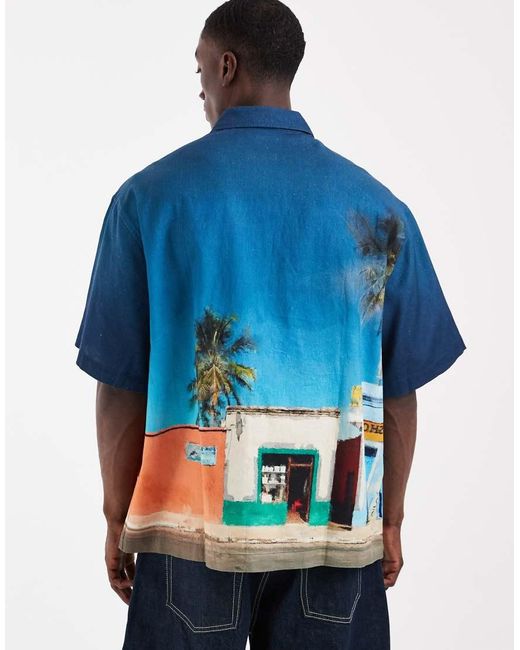 ASOS Blue Oversized Holiday Print Shirt With Linen for men