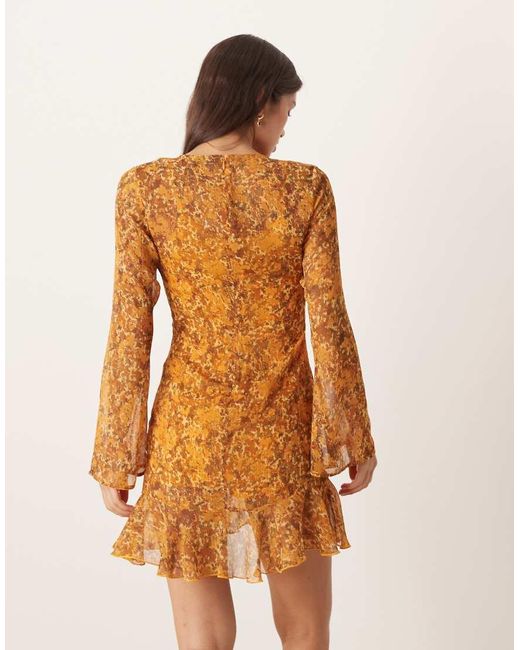 ASOS Natural Mini Dress With Ruched Bodice And Ruffle Tendrils
