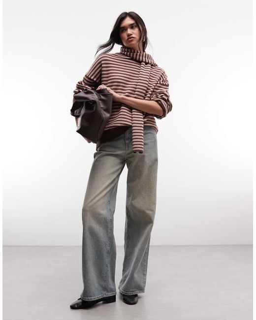 Daisy Street Brown Oversized Stripy Knit Jumper With Collar
