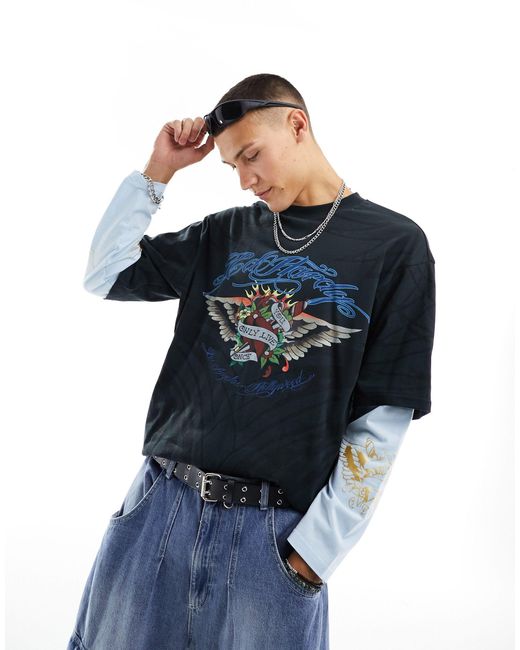 Ed Hardy Blue Oversized Skate Double Layer T-shirt With Graphics for men