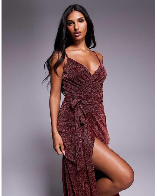 Goddiva Red Wrap Style Spaghetti Strap Maxi With Split