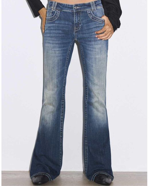 Stradivarius Blue Embroidered Pocket Bell Bottom Jeans