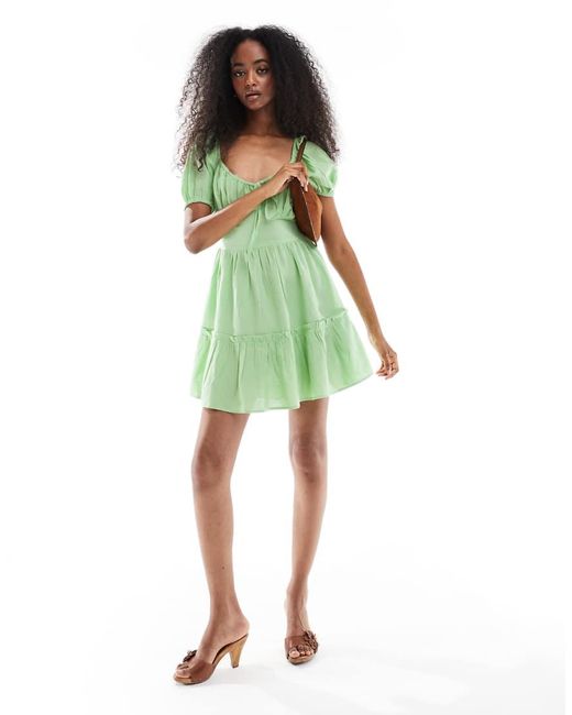 Wednesday's Girl Green Milkmaid Linen Blend Dress