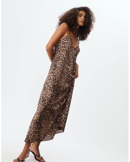 Stradivarius Brown Loose-fitting Leopard Print Satin Maxi Dress