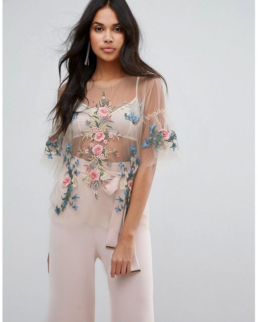 Missguided Natural Sheer Embroidered Top