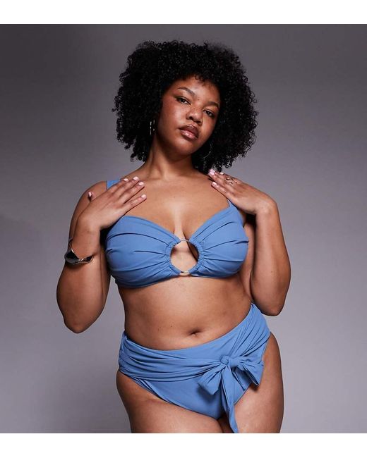 ASOS Blue Asos Design Curve Penelope Pleat High Waist Bikini Bottoms With Front Tie