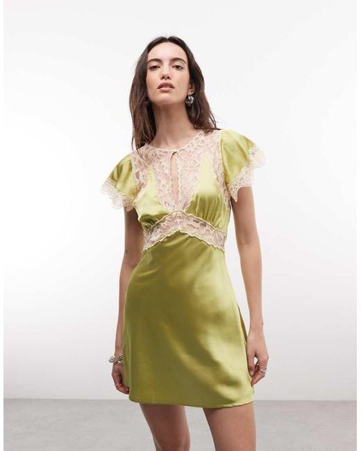 Reclaimed Vintage Green Satin Mini Tea Dress With Contrast Lace Inserts