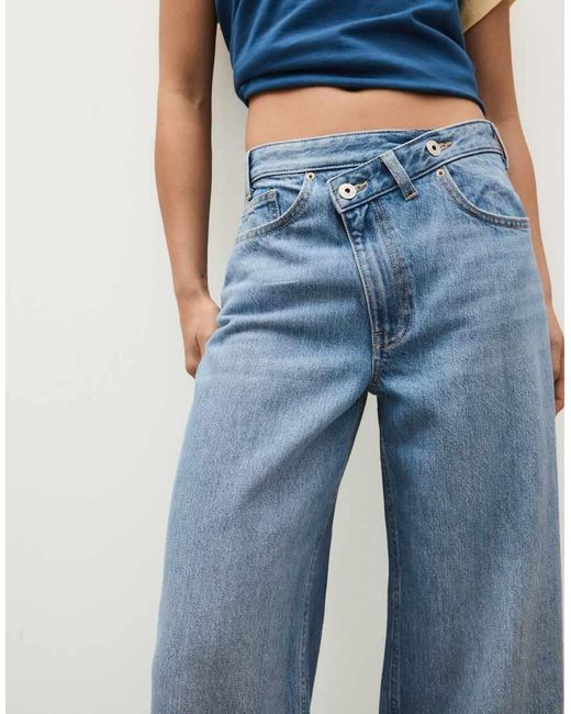 Bershka Blue Petite Wide-Leg Cross-Waist Jeans