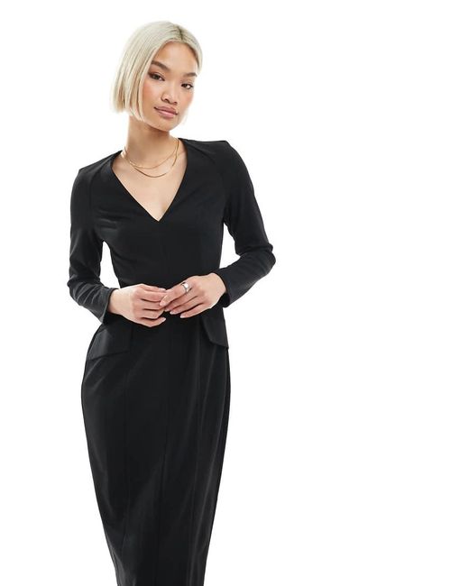 ASOS Black Long Sleeve Seam Detail V-neck Midi Dress