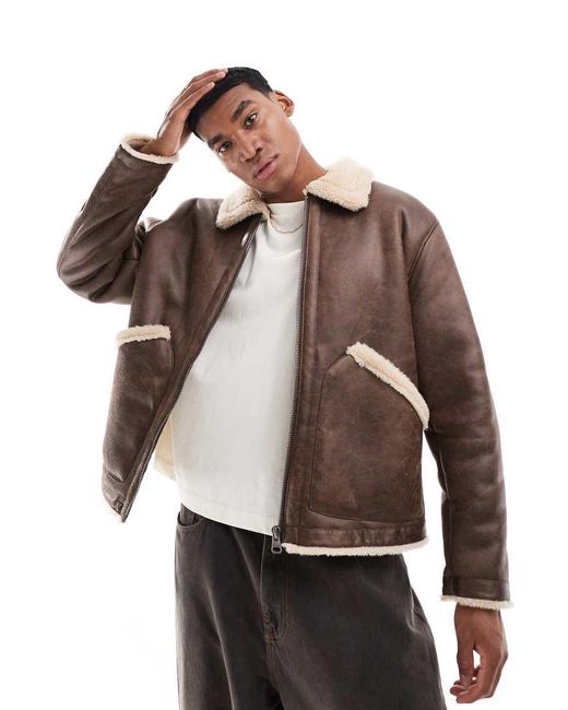 Pull&Bear Brown Faux Leather Shearling Lined Jacket for men