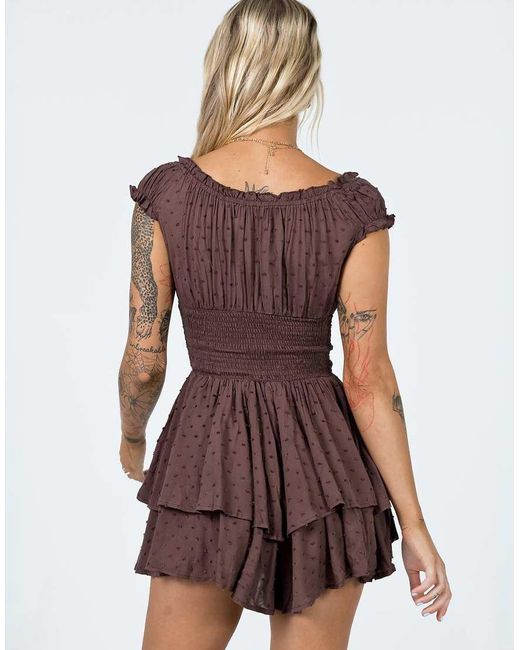 Princess Polly Brown Love Galore Textured Mesh Shirred Off The Shoulder Ruffle Trim Romper
