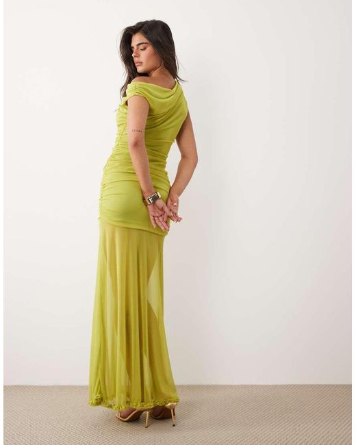 TFNC London Green Mesh Asymmetric Off Shoulder Ruched Sheer Hem Maxi Dress