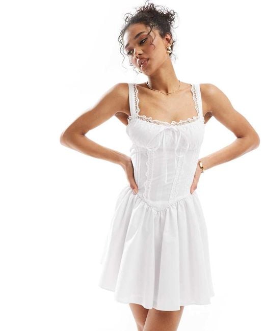 Miss Selfridge Poplin Lace Trim Corset Mini Dress in White | Lyst UK