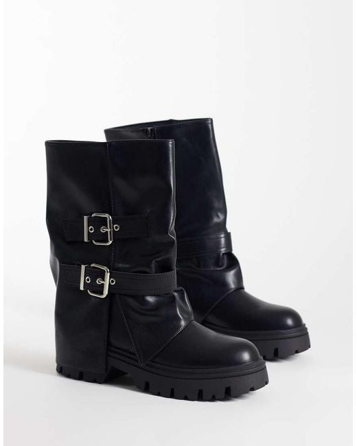 SEQWL Black Twirl Chunky Buckle Boots
