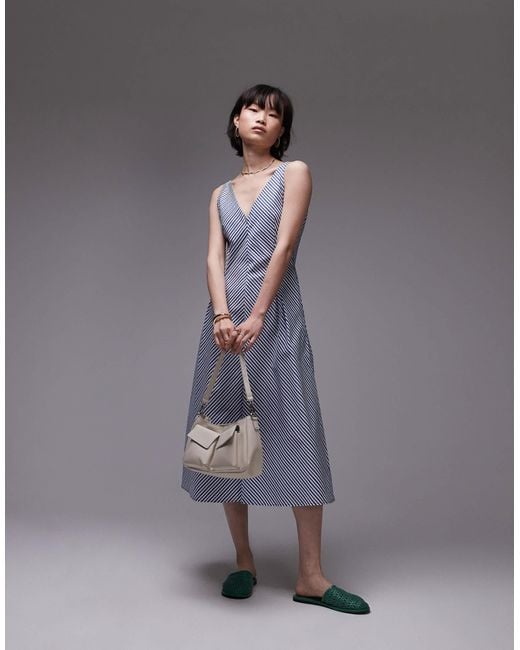 Mango Gray – midikleid aus baumwolle mit en streifen und v-ausschnitt