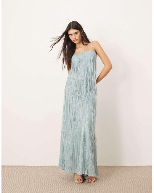 ARRANGE Multicolor Satin Fringe Bias Maxi Dress