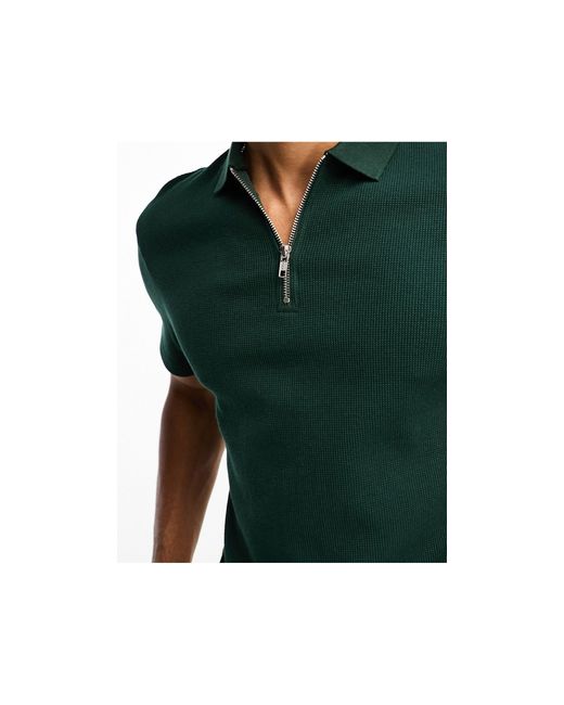 ASOS Green Waffle Polo With Zip for men