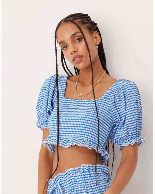 ASOS Puff Sleeve Milkmaid Top Co-ord in Blue | Lyst UK
