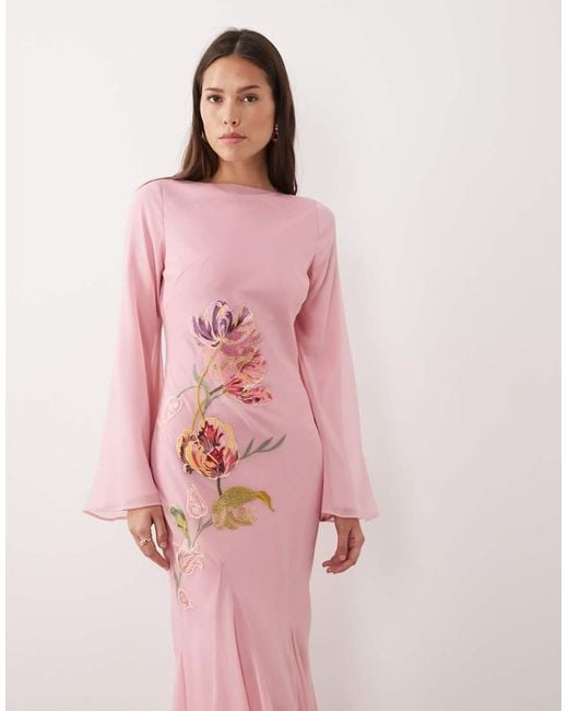 ASOS Pink Embroidery & Embellished Maxi Dress With Godets And Long Sleeves